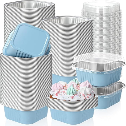 Aoriher 150 Pieces 10 oz Mini Cake Pans with Lids Aluminum Foil Baking Cups Square Disposable 4" x
