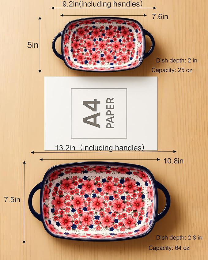 Ceramic Baking Dish Set of 2 ??Decorative Polish Pottery Style Casserole Dishes with Handles, Cute