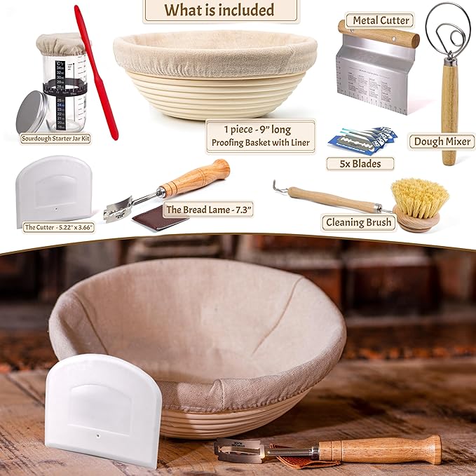 Sourdough Bread Baking Supplies Starter Kit, Banneton Proofing Basket 9'' Round, Sourdough Starter