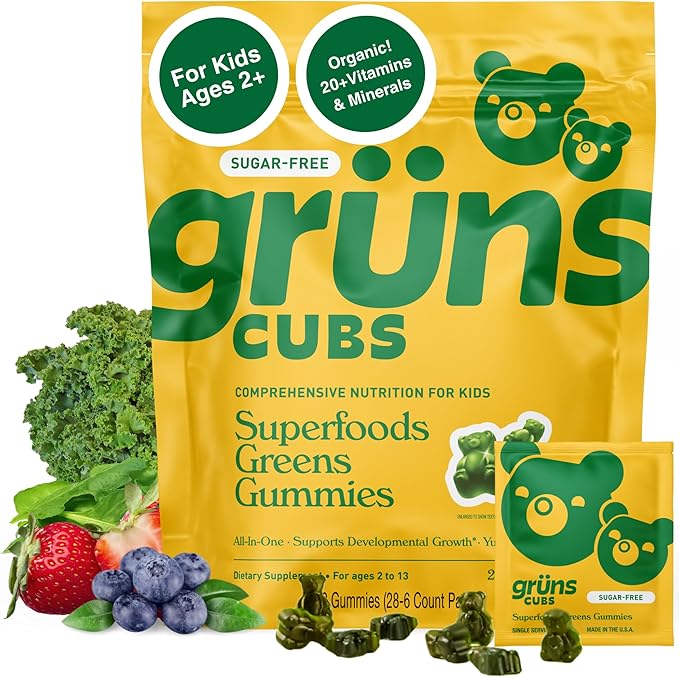 Gruns Kids Vitamins, Super Greens Gummies, Sugar-Free Superfood Gummy Bears With Spirulina