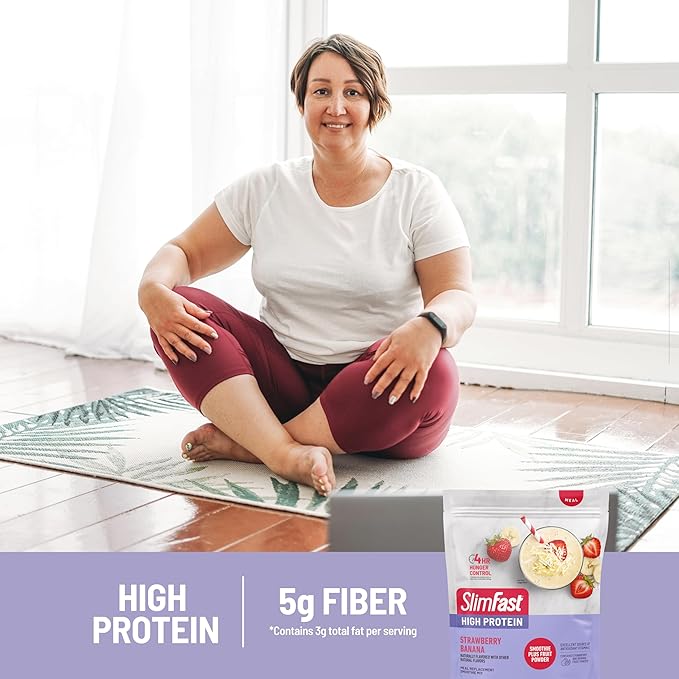 SlimFast High Protein Smoothie Mix Plus Fruit Powder, High Protein Meal Replacement Powder, Fiber