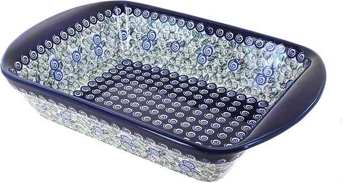 Blue Rose Polish Pottery - Blue Seaside Swirl Large Rectangular Baker with Handles - 9" x 6.5"