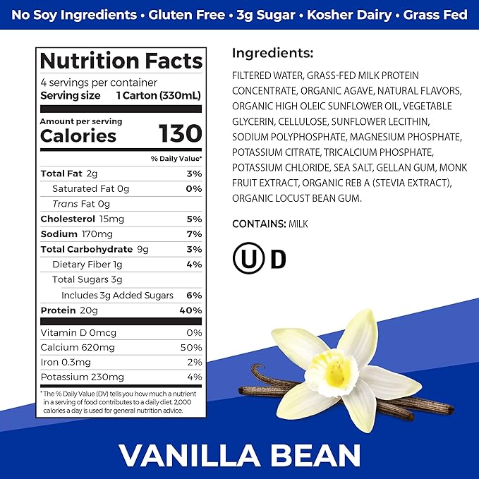 Orgain Clean Protein Shake, Grass Fed Dairy, Vanilla Bean - 20g Whey High Protein, Kosher, Ready to