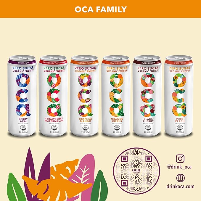 OCA ZERO Tropical Mango, Organic energy drink, zero sugar, gluten-free, vegan plant-based, 12 Fl Oz