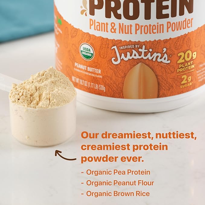 Orgain X Justin's ì§?Organic Vegan Nut Butter Protein Powder, Peanut Butter- 20g Plant Protein, 2g