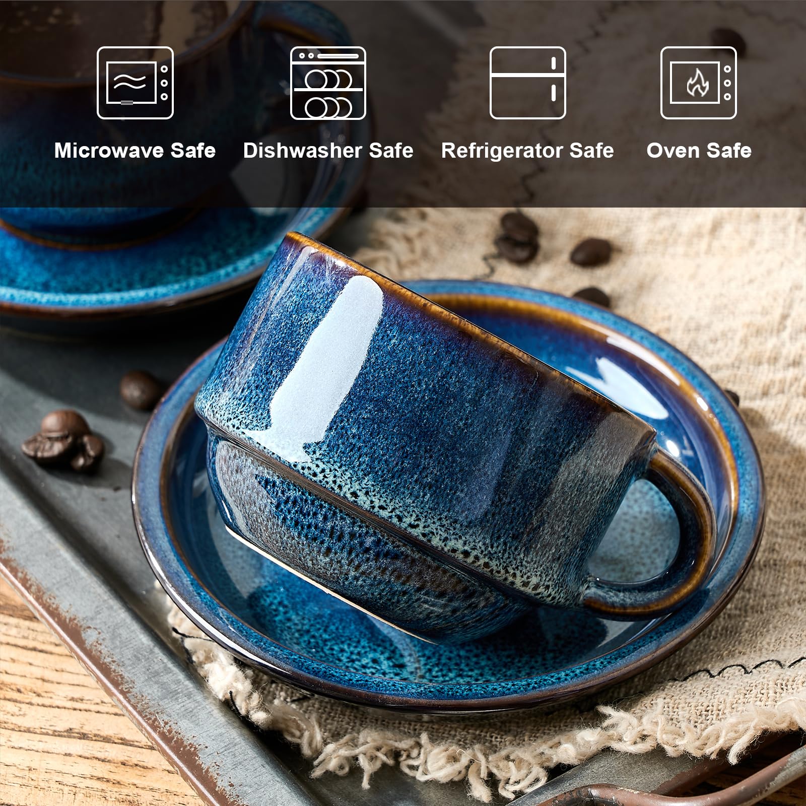 JIEMEI HOME Porcelain Stackable Cappuccino Cups with Saucers and Metal Stand, 7 Ounce Espresso Cups