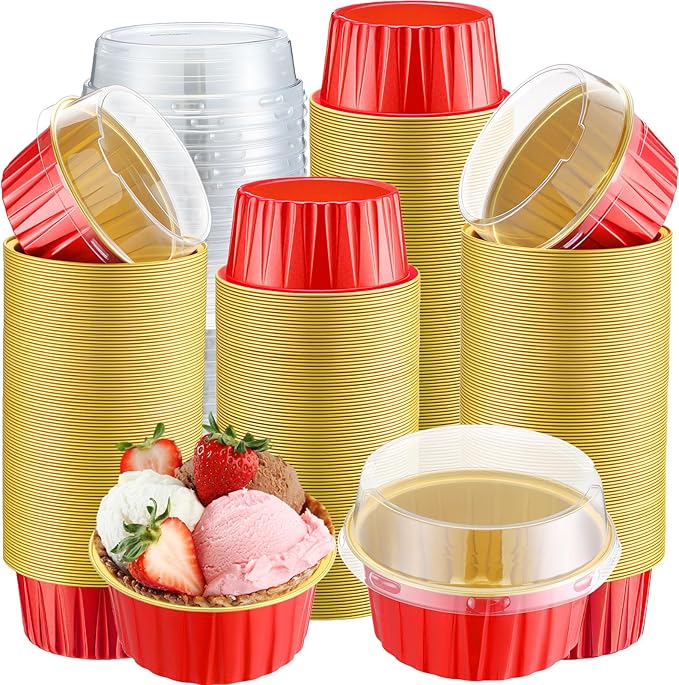 Gejoy 400 Pcs Aluminum Foil Baking Cups with Lids 5 oz Disposable Ramekins Mini Cake Pans Creme