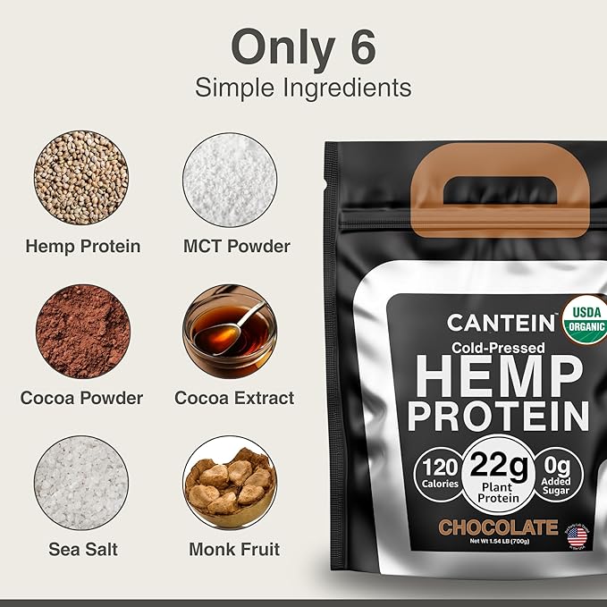 Organic Hemp Protein Powder, Plant Based and Vegan Protein Shake, Lactose and Dairy Free, Gluten