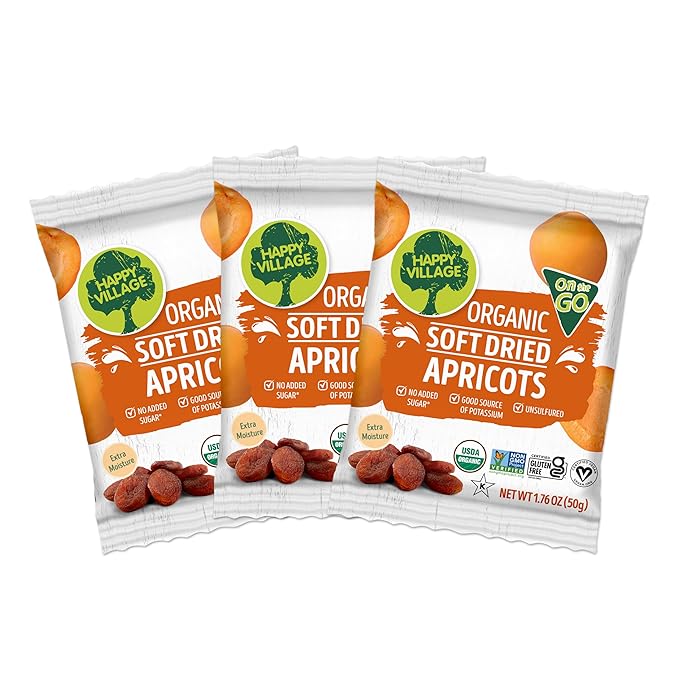 Happy Village Organic Soft Dried Apricots On the Go – 3 Bags (15 Individual Portion Packs) |