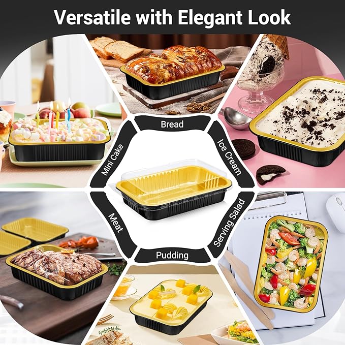 EUSOAR Mini Loaf Baking Pans with Lids, Black Gold Square 20oz 50pcs Aluminum Foil Disposable Bread