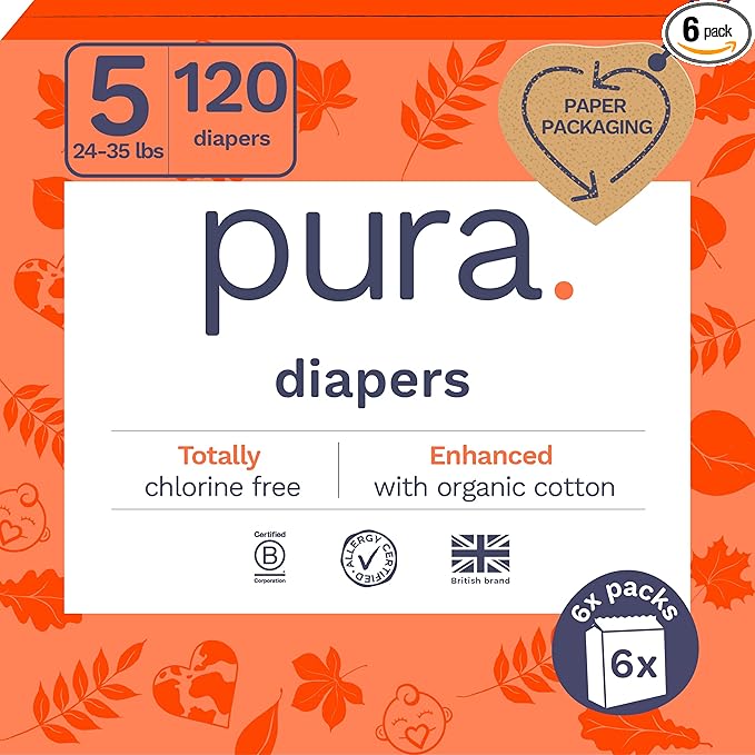 Pura Size 5 Eco-Friendly Diapers (24-35 lbs) Totally Chlorine Free (TCF), Hypoallergenic, Soft
