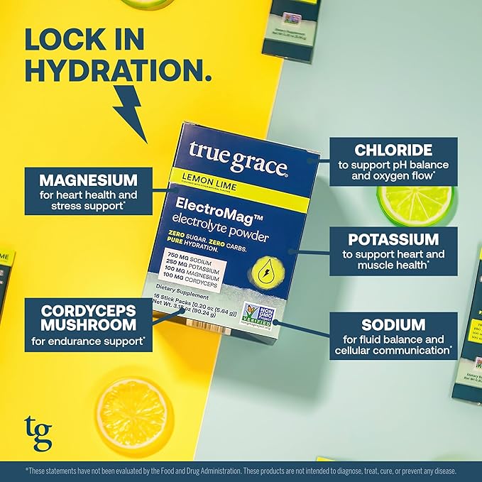 True Grace ElectroMag - 16 Stick Packs - Lemon Lime - Electrolyte Powder for Rapid Hydration