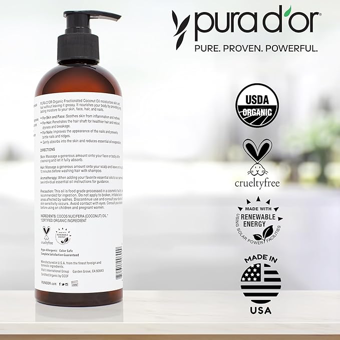 PURA D'OR 16 Oz ORGANIC Fractionated Coconut Oil - MCT Oil - 100% Pure & Natural USDA Certified
