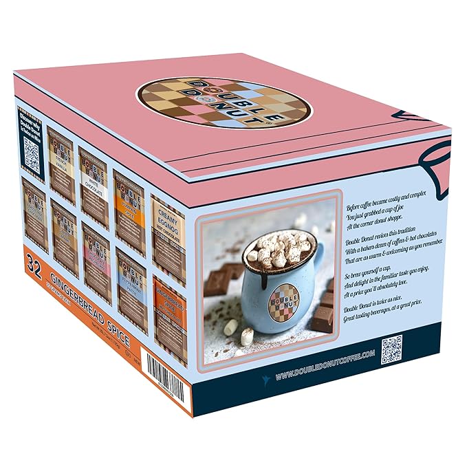 Double Donut Gingerbread Spice Hot Chocolate Mix Packets, Flavored Gingerbread Hot Cocoa Mix, 32