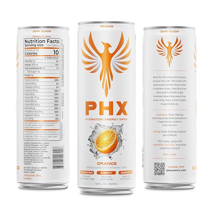 PHX Hydration Energy Drink - 700mg Electrolytes, 200mg Natural Green Tea Caffeine, 100% Daily Value