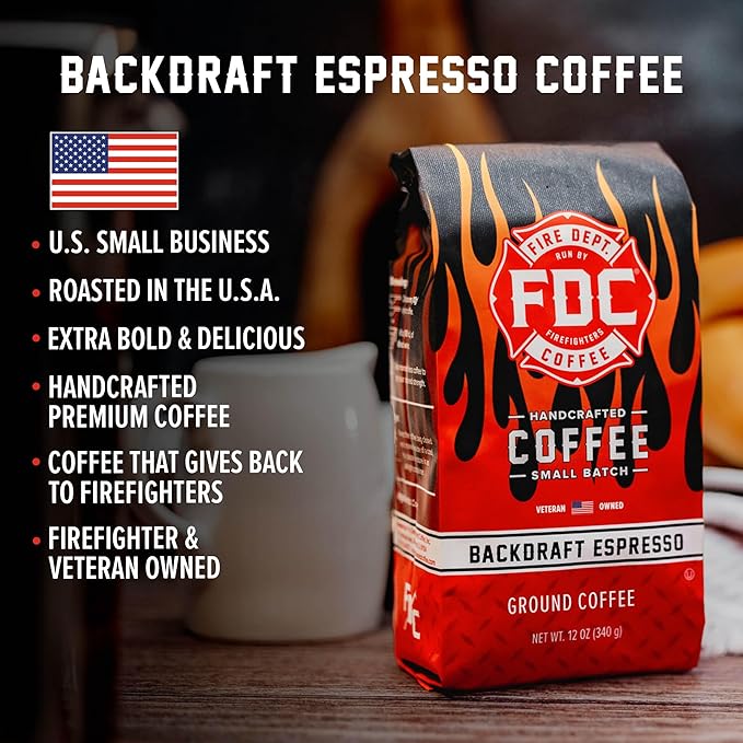 Fire Department Coffee - Gives Back to Firefighters - Backdraft Espresso Ground Coffee - Smooth &