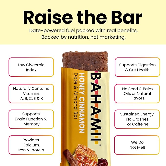 Bahamii - Almond & Date Bars (Honey Cinnamon) - Healthy Snack Bars with Dates - Non-GMO
