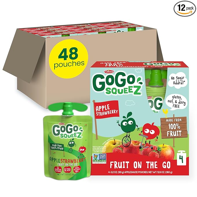 GoGo squeeZ Applesauce and Fruit Puree, Apple Strawberry, 3.2 oz (Pack of 48), Unsweetened Fruit