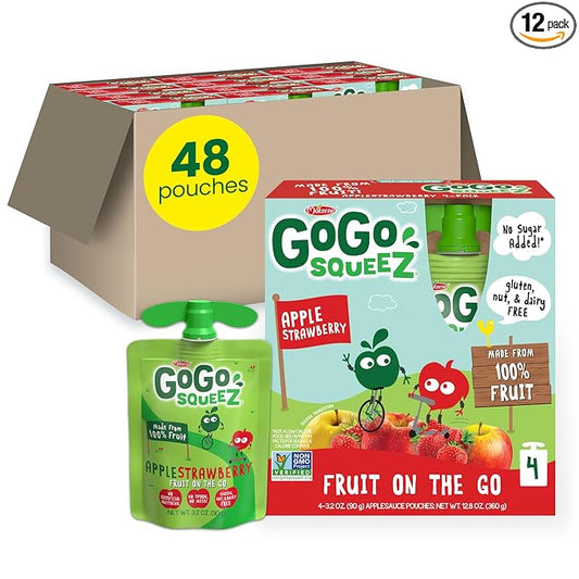 GoGo squeeZ Applesauce and Fruit Puree, Apple Strawberry, 3.2 oz (Pack of 48), Unsweetened Fruit