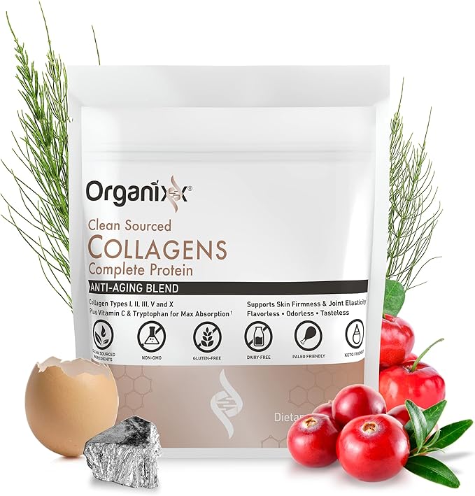 Organixx Collagen Peptides Powder with Vitamin C, Types I, II, III, V, X Hydrolyzed Collagen, Hair