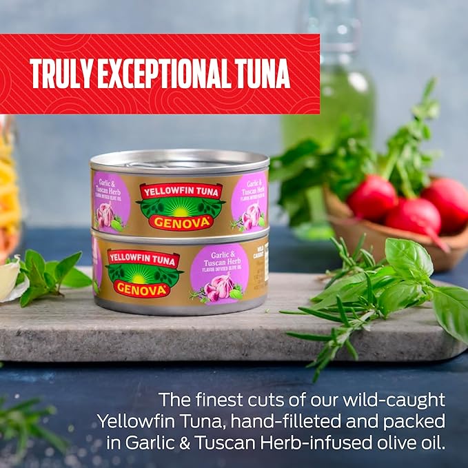 Genova Premium Yellowfin Tuna in Garlic and Tuscan Herb Infused Olive Oil, 5 Ounce Can (Pack of