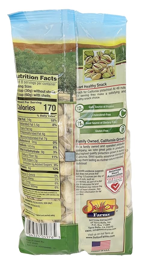 Setton Farms Dry Roasted and Salted Pistachios, Premium California In Shell Pistachios, 1 pound Bag