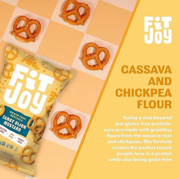 FitJoy Tangy Dijon Mustard Pretzels (Pack of 6, 4.5 Oz) - Dairy, Nut & Gluten Free Snacks - Grain