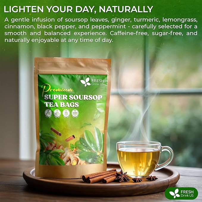 FreshDrinkUS, Super Soursop Herbal Tea ??40 Tea Bags | Soursop, Ginger, Turmeric, Lemongrass