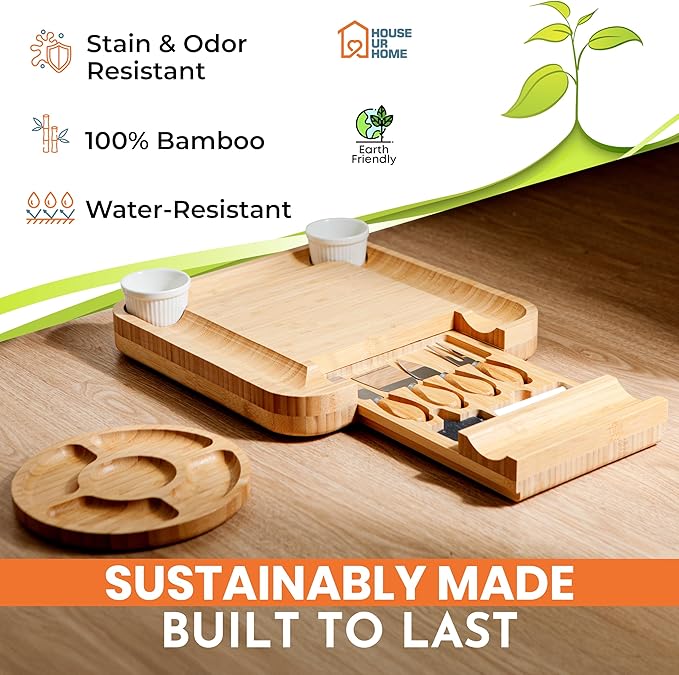 Large Bamboo Charcuterie Boards Gift Set with Hidden Drawer, Side Fruit Tray, Cheese Knife Set