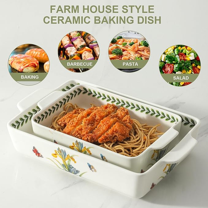Ceramic Baking Casserole Dish with Handles, Large 8x13 inch & 6x10 inch Pan and Middle Baking Pan