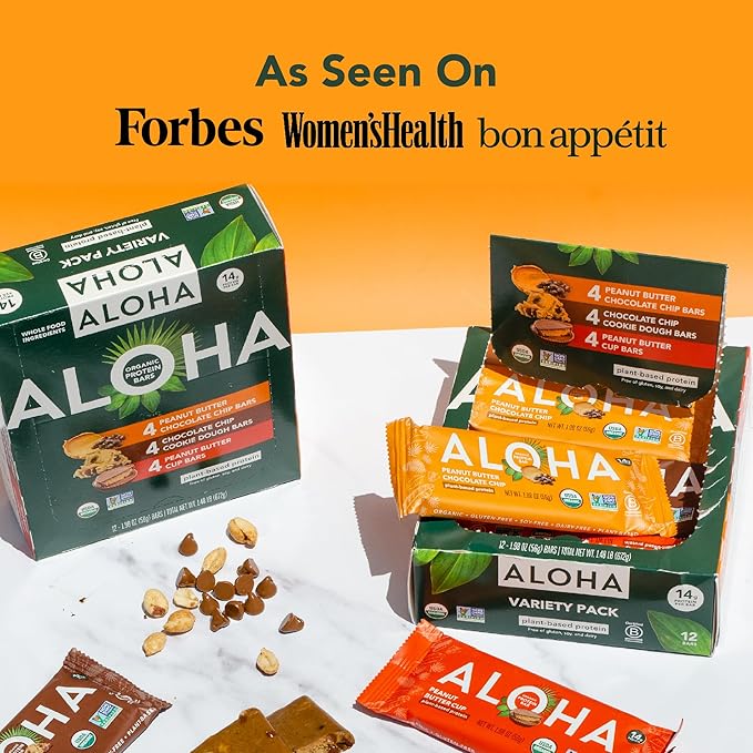 ALOHA Organic Plant Based Protein Bars - 3 Flavor Variety Pack - 12 Count, 1.98oz Bars - Vegan