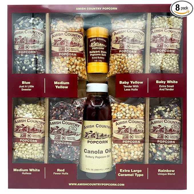 Amish Country Popcorn | 8-4 oz Bags | Stovetop Popping Sampler Pack with Canola Oil and BallPark