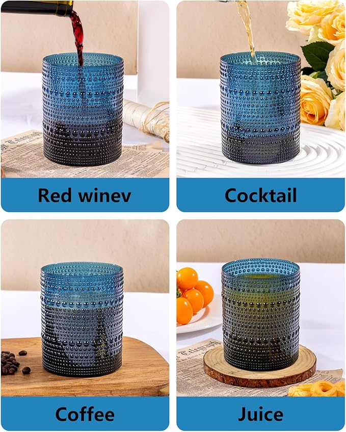YOUBET 24PCS Plastic Drinking Glasses - 14OZ Blue Hobnail Drinkware Glasses - Vintage Glassware