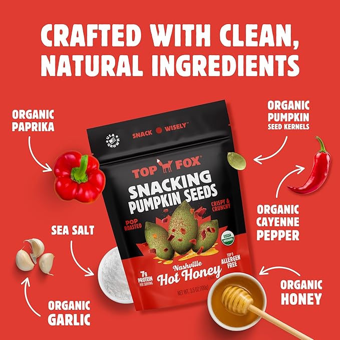 TOP FOX Snacks - Organic Pop-Roasted Pumpkin Seeds | Healthy Protein Snacks - Gluten Free - Keto