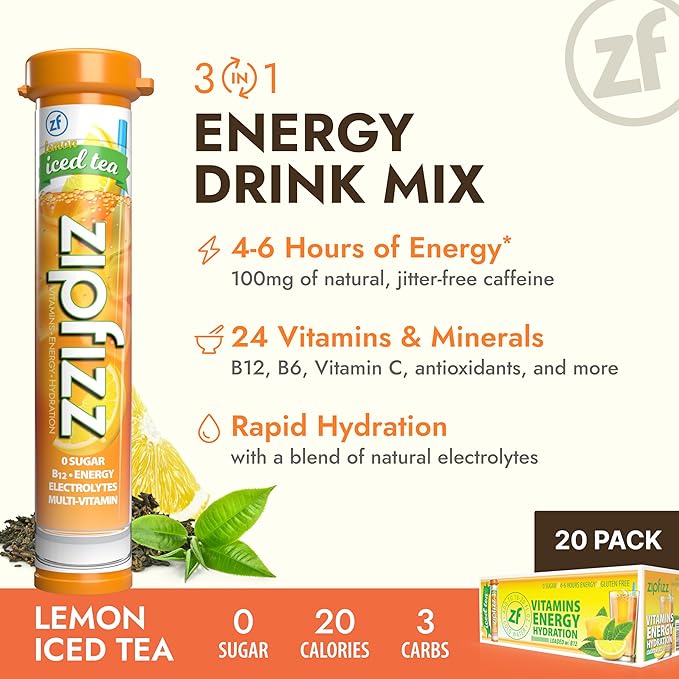 Zipfizz Daily Energy Drink Powder, Lemon Iced Tea, 20 Pack | 3-in-1 Sustained Energy, Rapid