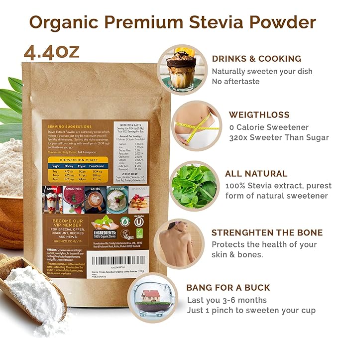 Enzo Organic Stevia Powder 125g (4.4oz / 3125-Servings) - Premium USDA Certified All Natural