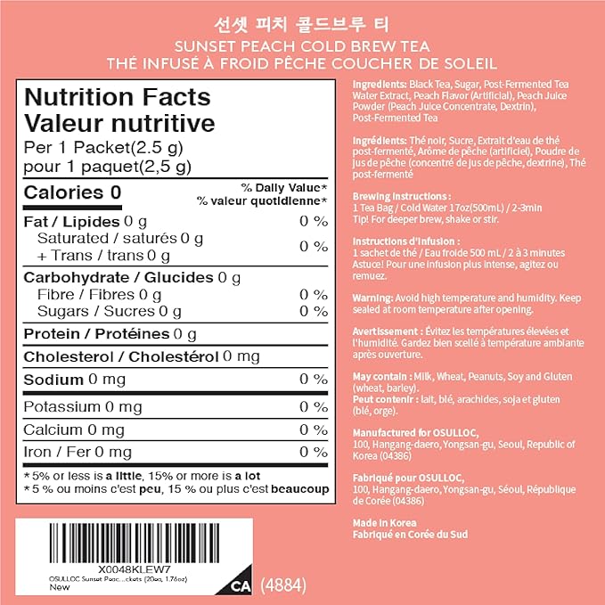 OSULLOC Sunset Peach Cold Brew Tea, Sweet peach flavored iced tea, Hydration Tea Packets (20ea