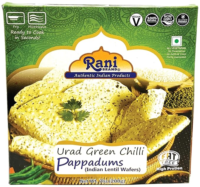 Rani Pappadums (Indian Lentil Wafer Snack) Green Chilli Papad 7oz (200g) Approximately 15pc, 7