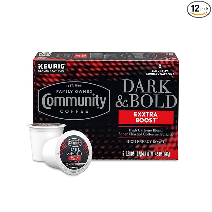 Community Coffee Dark & Bold Exxtra Boost 12 Count Coffee Pods, Compatible with Keurig 2.0 K-Cup