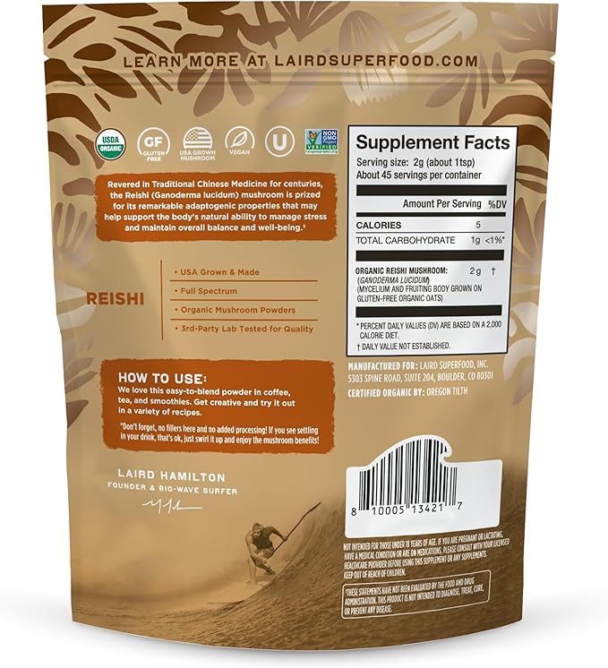 Laird Superfood Organic Reishi Mushroom Powder for Immune Support and Stress Relief, 3.17 oz. Bag