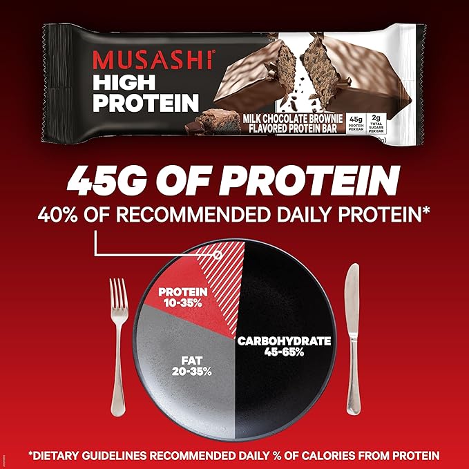 MUSASHI High Protein Bar, 45g Protein, 2g Total Sugars, Milk Chocolate Brownie, Post Workout and