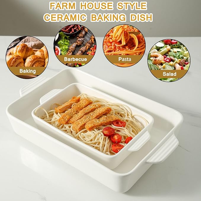 Ceramic Baking Casserole Dish with Handles, Large 9x13 inch Pan and Middle Baking Pan - Porcelain