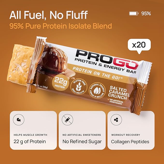 ProGo Protein Bars, Low Sugar, High Protein Snacks (22g) - 95% Pure Isolate for Faster Muscle