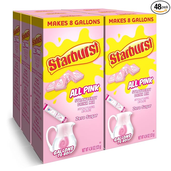 Starburst Gallons To Go Powdered Drink Mix, 8-Count Box (6 Pack), All Pink Strawberry - Low Calorie