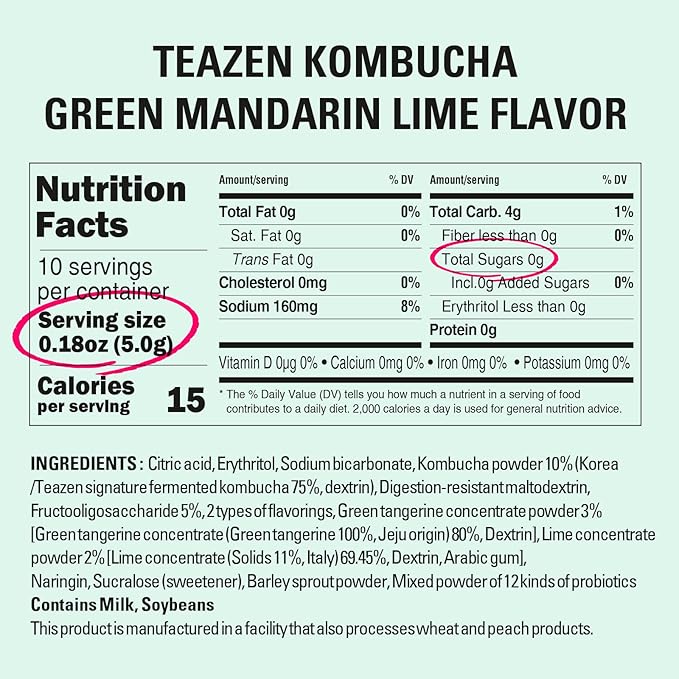 TEAZEN Green Mandarin Lime Kombucha Tea, Hydration Drink Mix, Sugar Free, Live Probiotics &