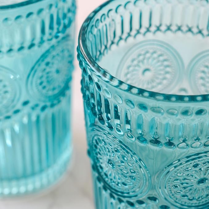 Kate Aspen Vintage Textured Aqua Blue Striped Drinking Glasses, Set of 6 (13oz)