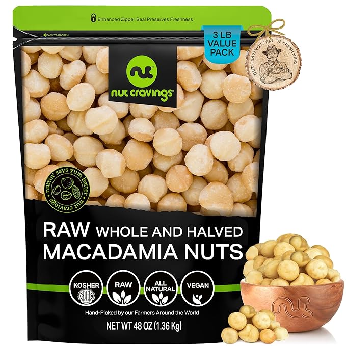 NUT CRAVINGS - Raw Macadamia Nuts, Unsalted, Shelled, and Halved, (48oz - 3 LB) Bulk Nuts Packed