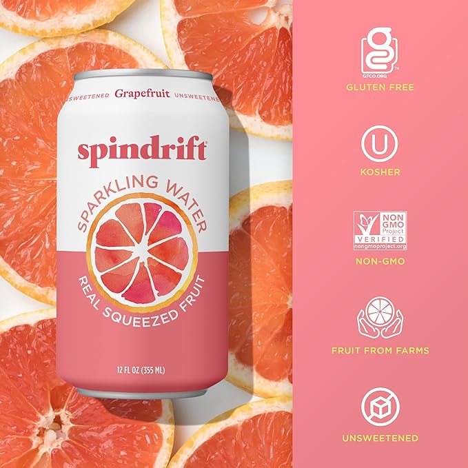 Spindrift Sparkling Water, Grapefruit Flavored, Made with Real Squeezed Fruit, (Only 15 Calories