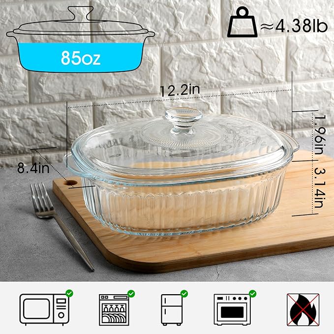 NUTRIUPS 3QT Oval Glass Casserole Dish with Glass Lid, Borosilicate Glass, Large Oval Casserole