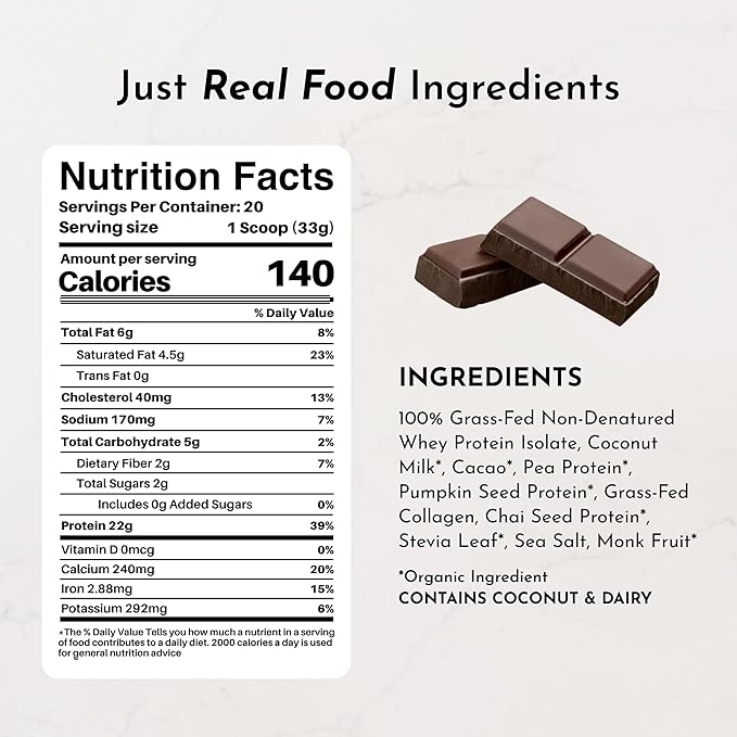 JUST INGREDIENTS Chocolate Protein Powder ??20-Serving Blend with 100% Grass-Fed Whey & Organic